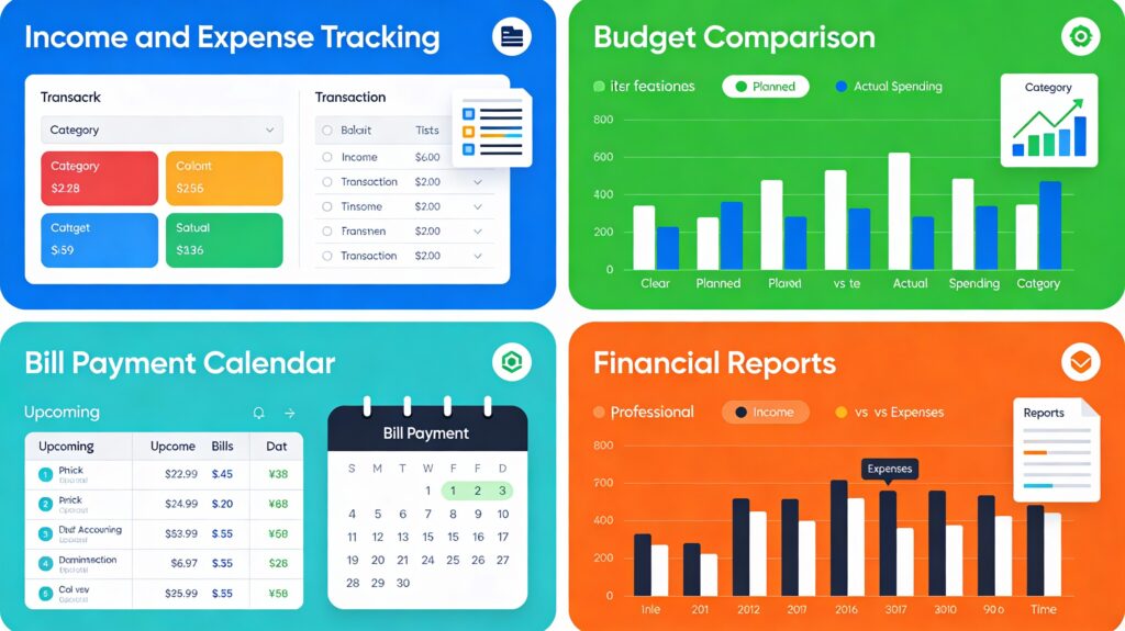 QuickBooks dashboard showcasing expense tracking, budgeting, bill payment, and financial reporting features